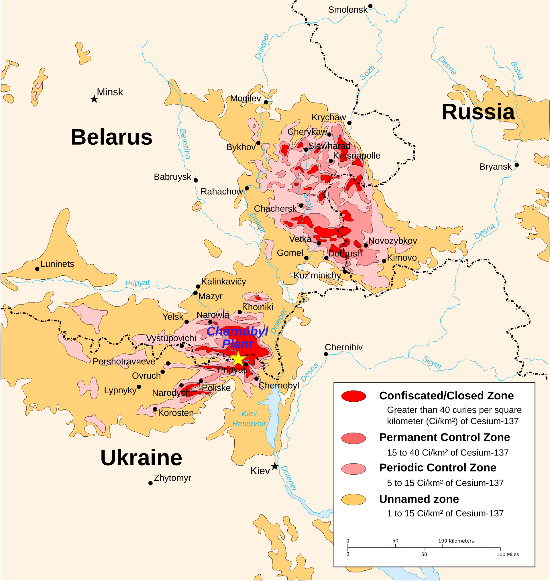 Mapa skażenia cezem-137 wokół Czarnobyla w 1996 roku