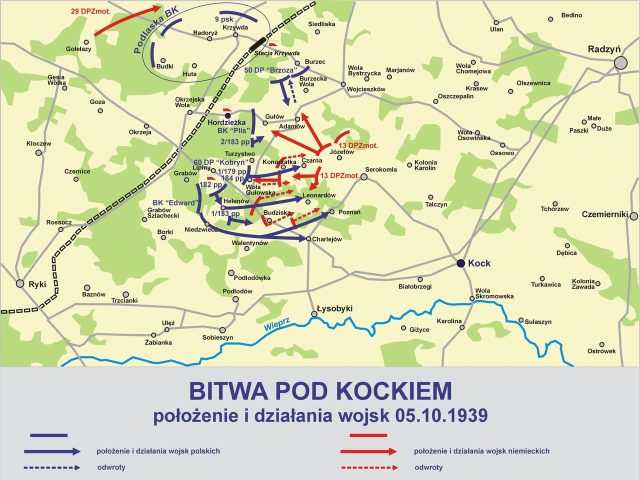 Mapa bitwy pod Kockiem z położeniem wojsk polskich i niemieckich 5 października 1939 roku