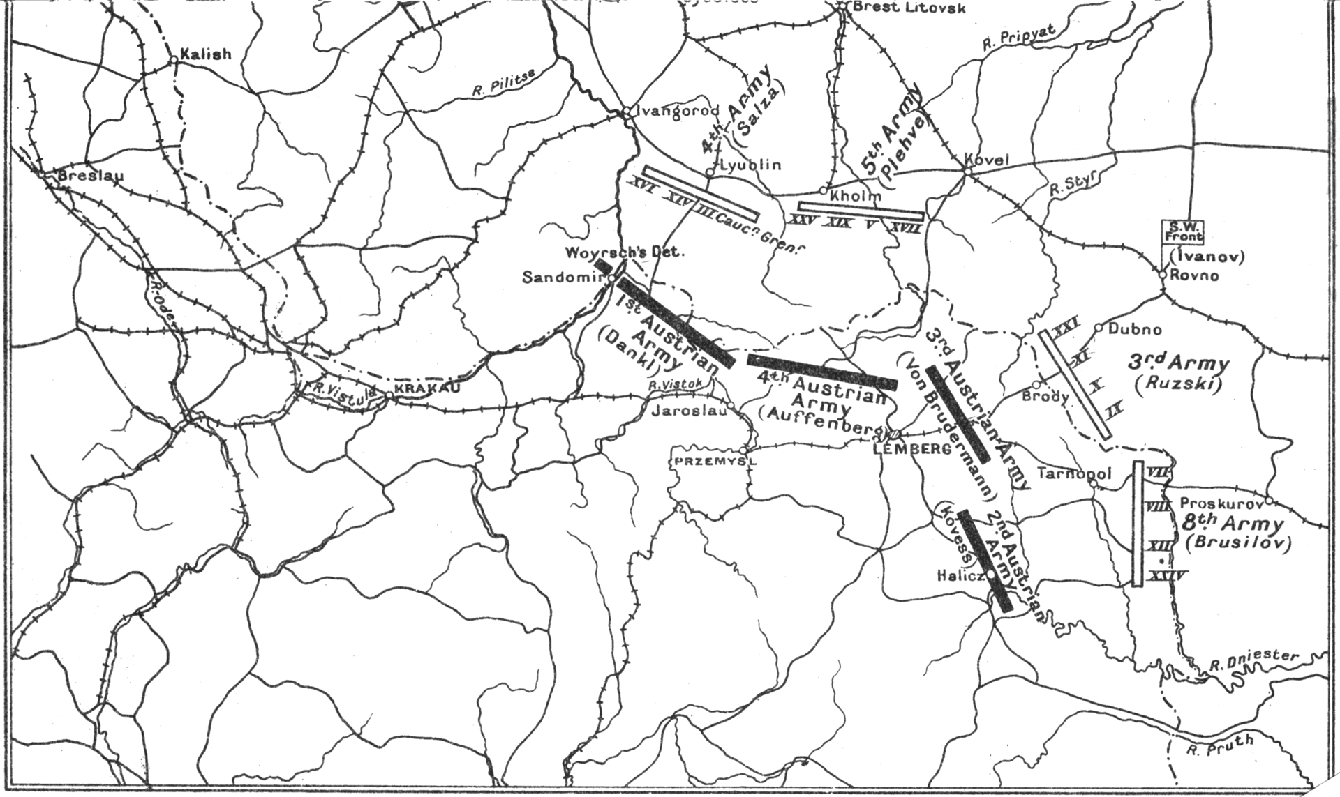 Mapa pozycji armii austro-węgierskich i rosyjskich wokół Lwowa w 1914 roku