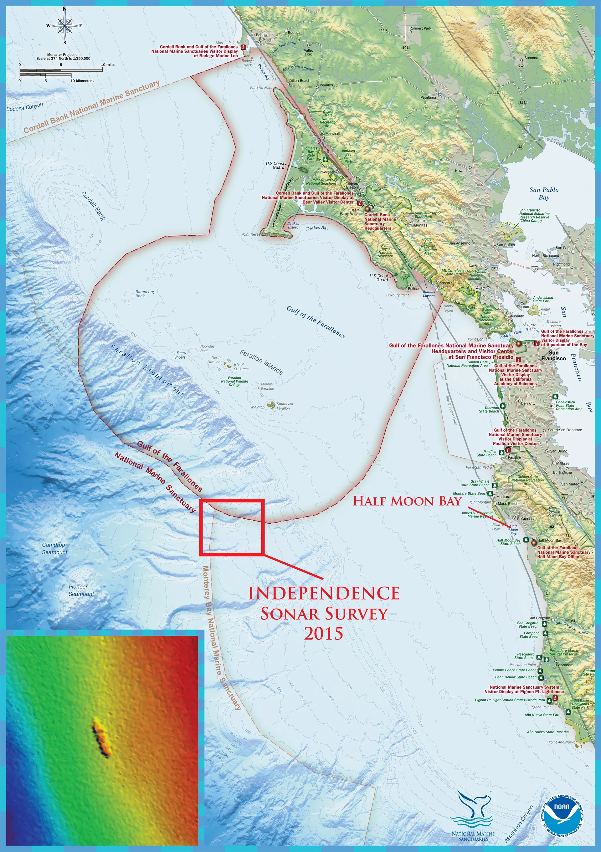Mapa wybrzeża Kalifornii koło San Francisco z zaznaczonym miejscem badań i wstawką z kolorowym obrazem sonarowym wraku