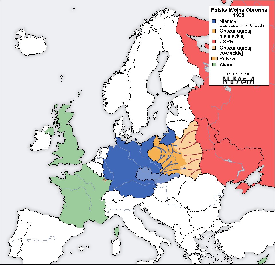 Mapa Europy Środkowej z września 1939 roku z zaznaczonymi kierunkami agresji niemieckiej i sowieckiej na Polskę