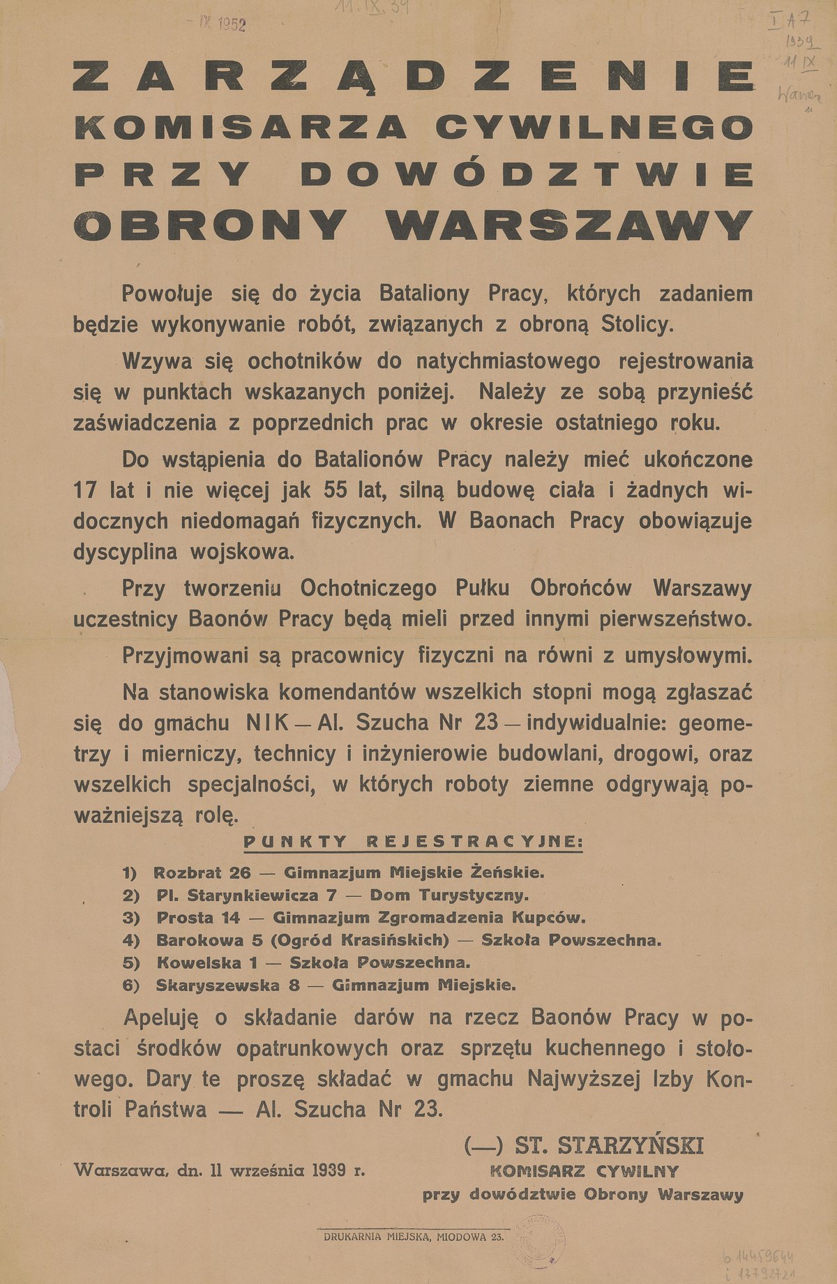 Plakat z zarządzeniem Stefana Starzyńskiego z 11 września 1939 roku o utworzeniu Batalionów Pracy