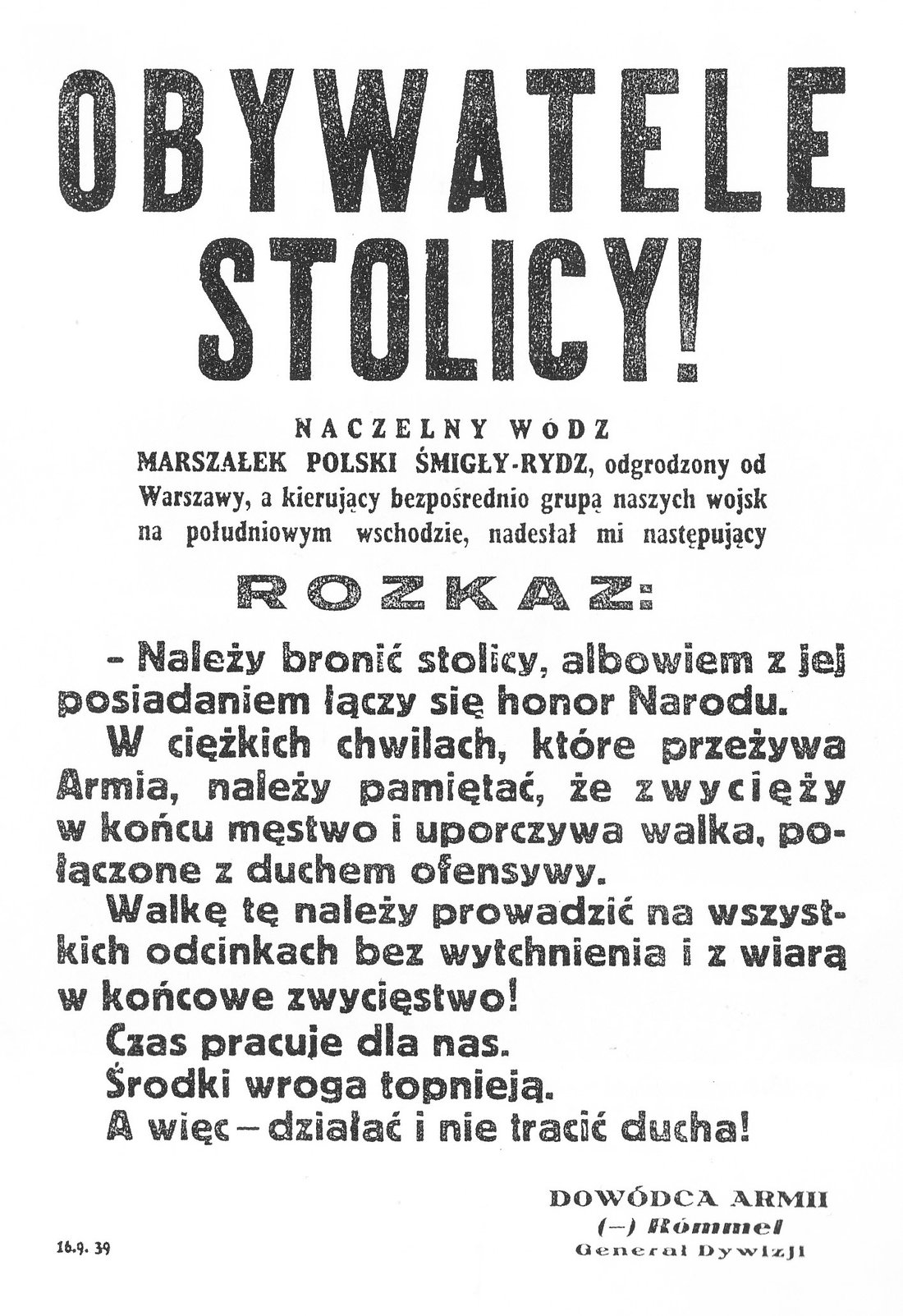 Plakat z odezwą generała Juliusza Rómmla do mieszkańców Warszawy z 16 września 1939 roku