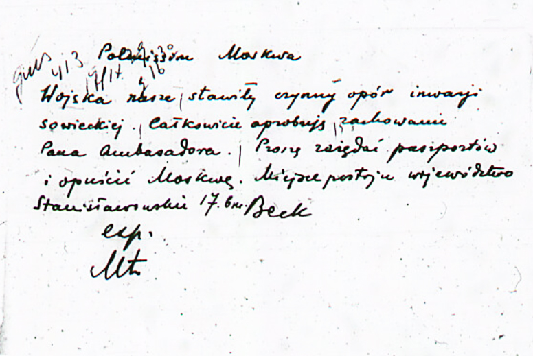 Instrukcja ministra Józefa Becka dla ambasadora Wacława Grzybowskiego z 17 września 1939 roku