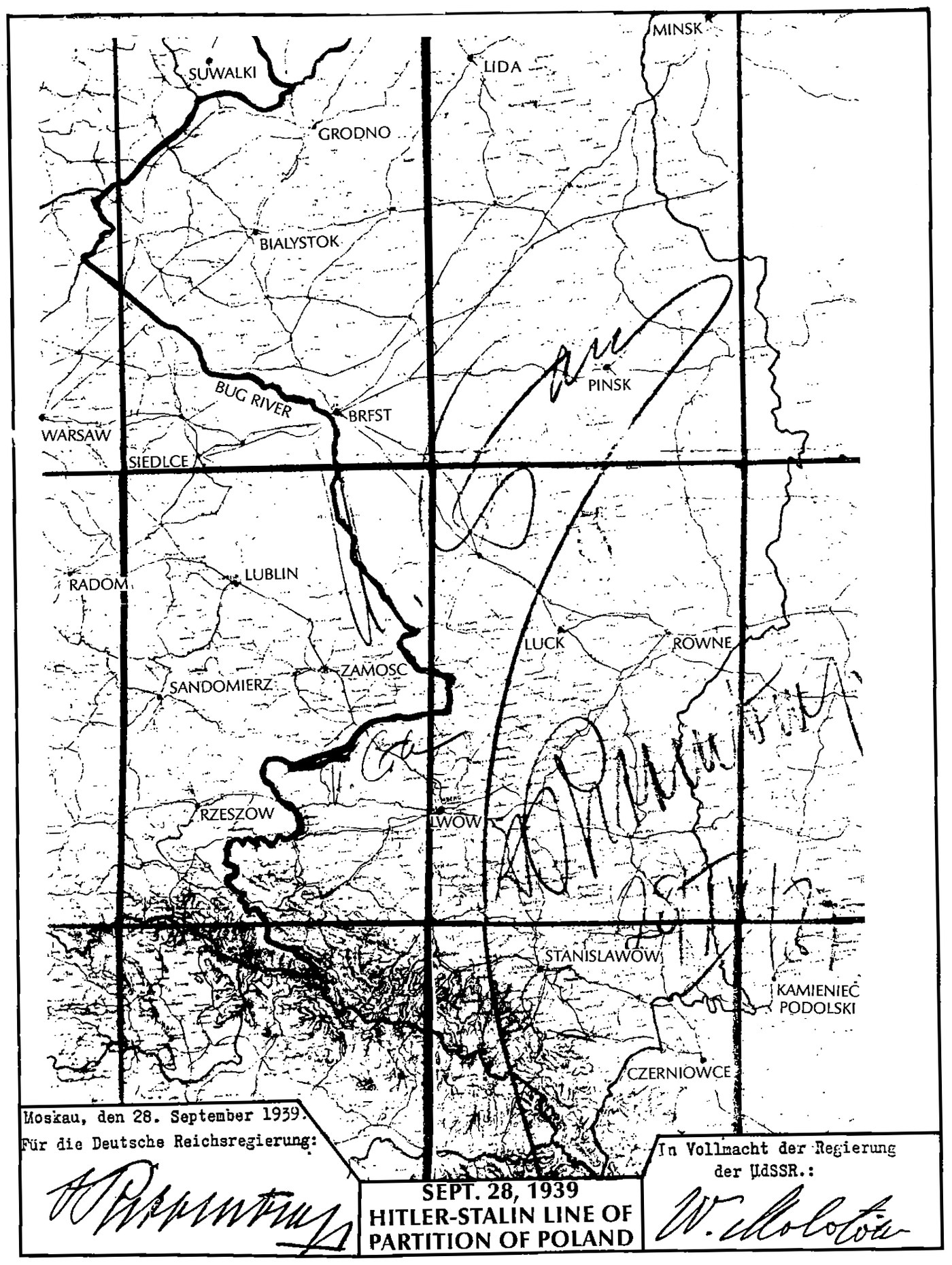 Mapa z tajnego załącznika do traktatu z 28 września 1939 roku z podpisami Stalina i Ribbentropa