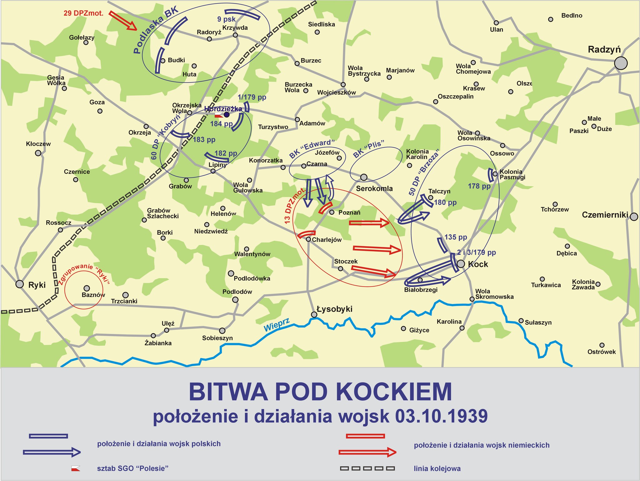 Mapa bitwy pod Kockiem z położeniem wojsk polskich i niemieckich 3 października 1939 roku