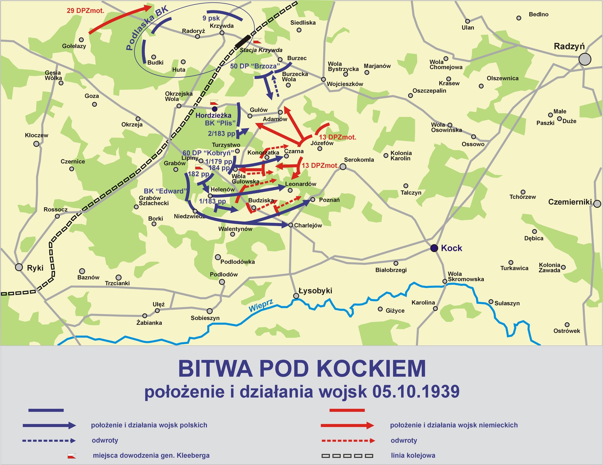 Mapa bitwy pod Kockiem z położeniem wojsk polskich i niemieckich 5 października 1939 roku