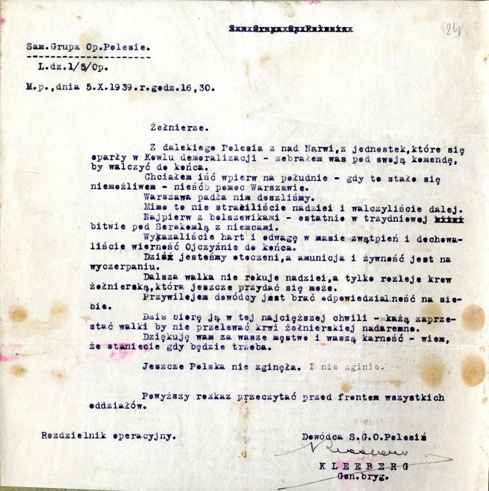 Maszynopis ostatniego rozkazu generała Kleeberga z 5 października 1939 roku z podpisem i pieczęcią