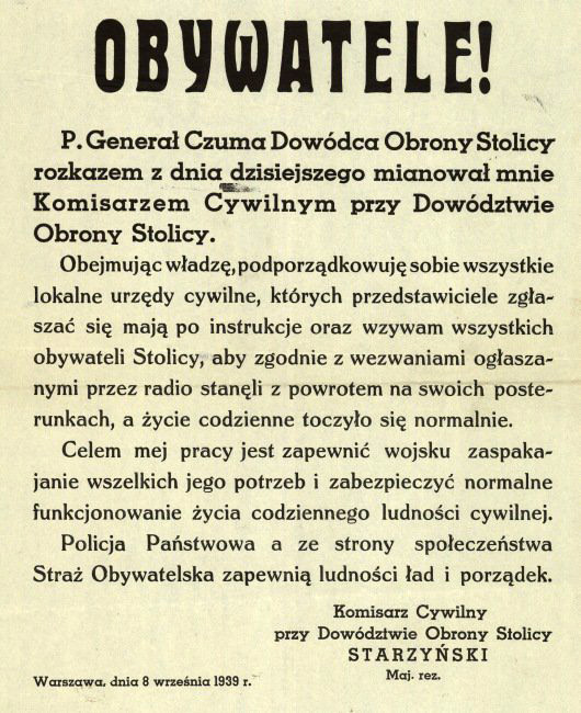Plakat z odezwą Stefana Starzyńskiego do mieszkańców Warszawy z 8 września 1939 roku