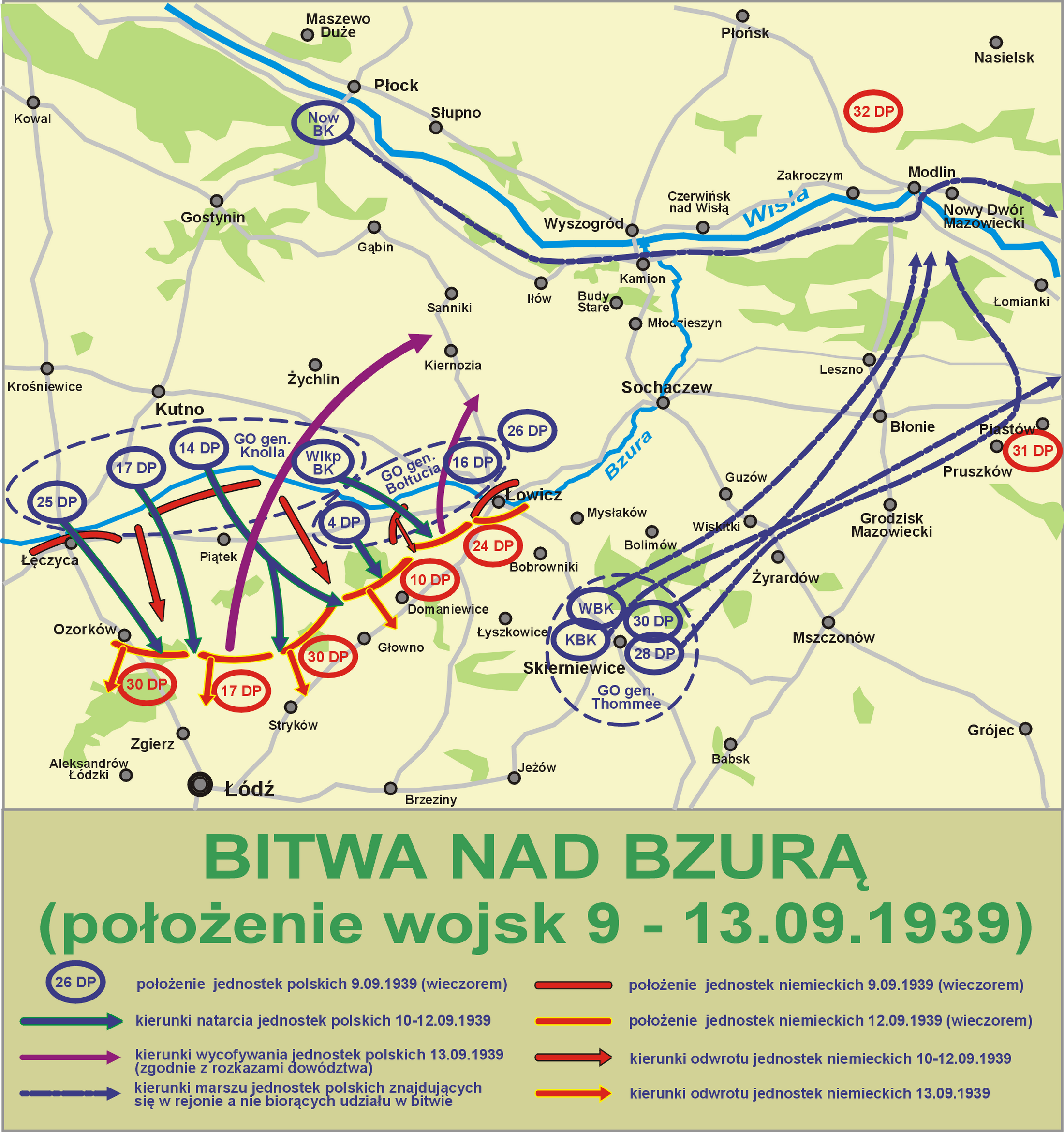 Mapa bitwy nad Bzurą przedstawiająca położenie wojsk polskich i niemieckich od 9 do 13 września 1939 roku