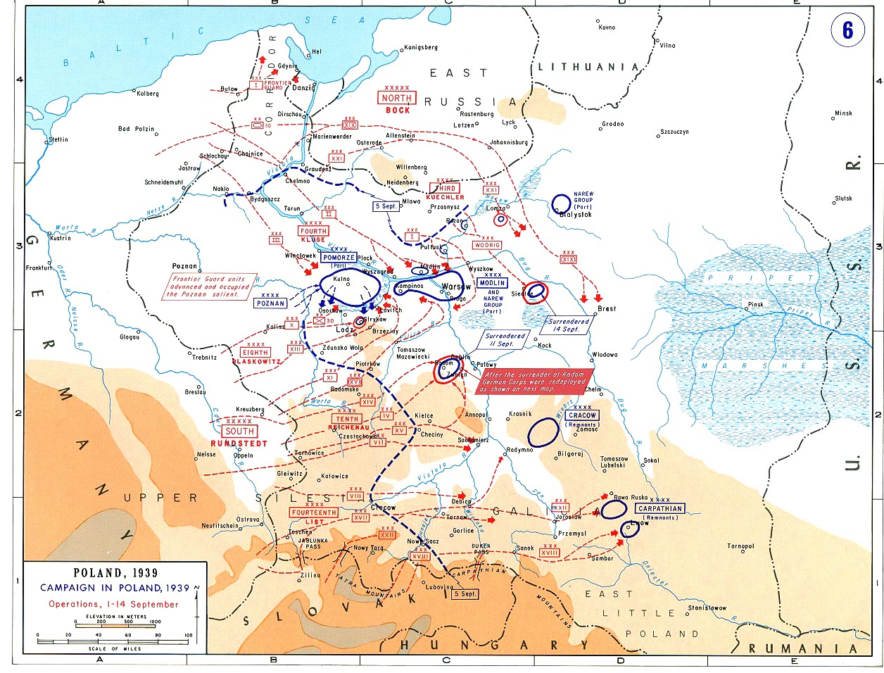 Mapa działań wojennych w Polsce od 1 do 14 września 1939 roku