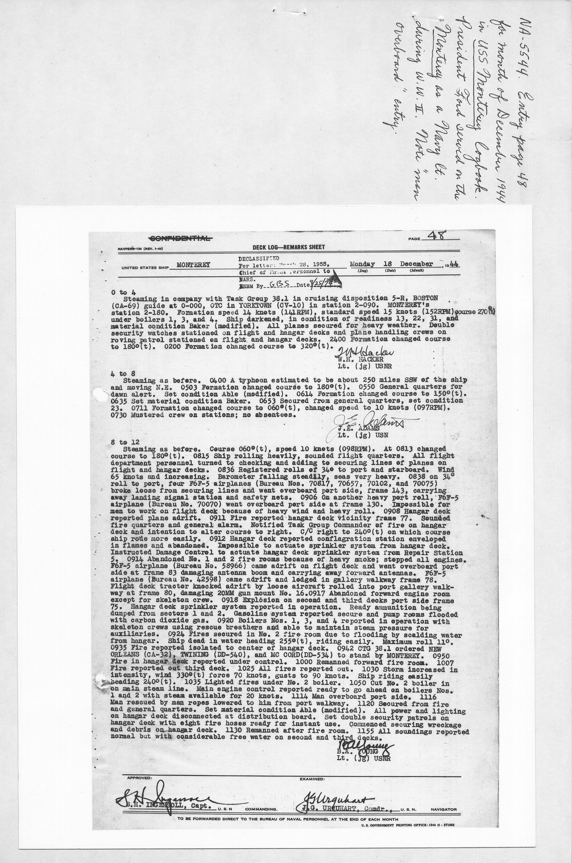Maszynopis na formularzu z nagłówkiem Deck Log Remarks Sheet, u dołu podpisy kapitana i nawigatora