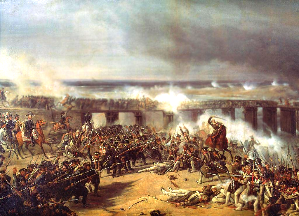 Rycina przedstawiająca bitwę pod Ostrołęką w 1831 roku, walka o przeprawę przez Narew