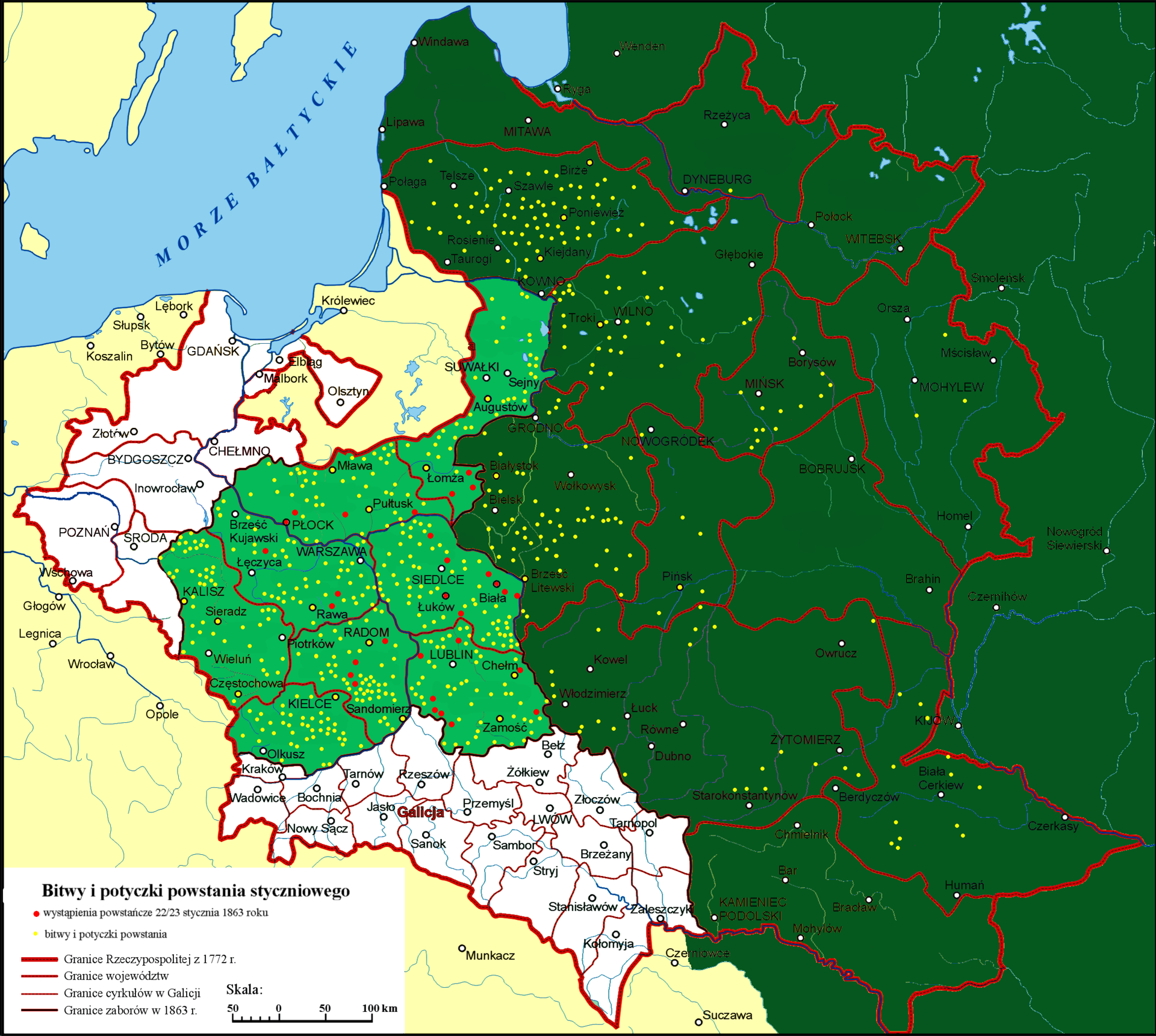 Mapa miejsc bitew i potyczek powstania styczniowego w latach 1863-1864, gęsto pokryta punktami na obszarze Królestwa Polskiego i Litwy