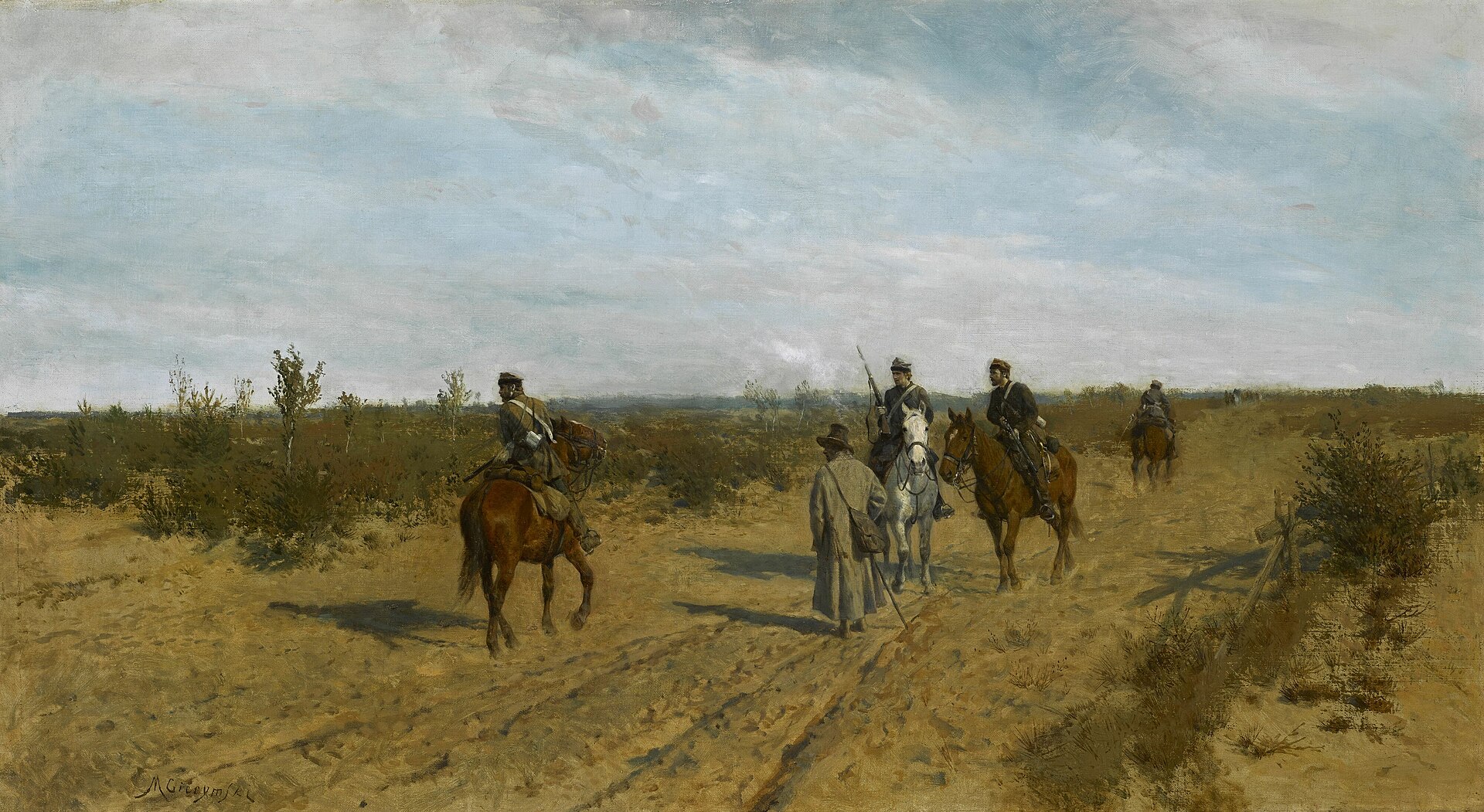 Patrol powstańczy z 1863 roku na obrazie Maksymiliana Gierymskiego, jeźdźcy w mokrym jesiennym krajobrazie