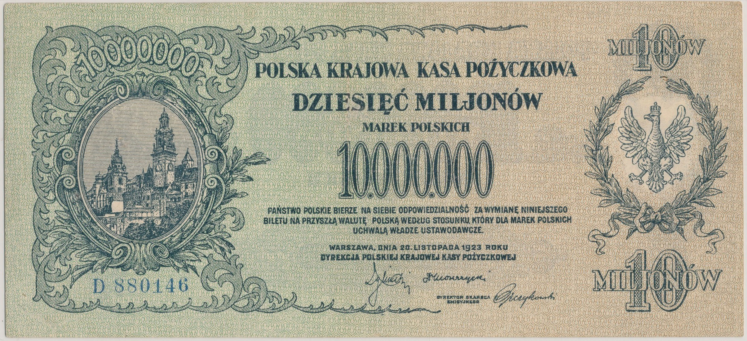 Banknot 10 000 000 marek polskich wyemitowany przez Polską Krajową Kasę Pożyczkową z datą 20 listopada 1923 roku (awers)