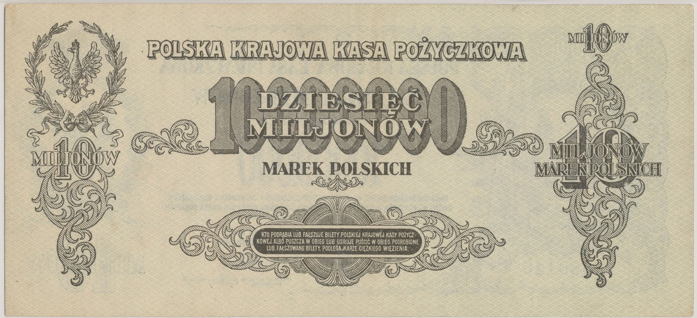 Rewers banknotu 10 000 000 marek polskich z godłem państwowym i ostrzeżeniem przed fałszowaniem