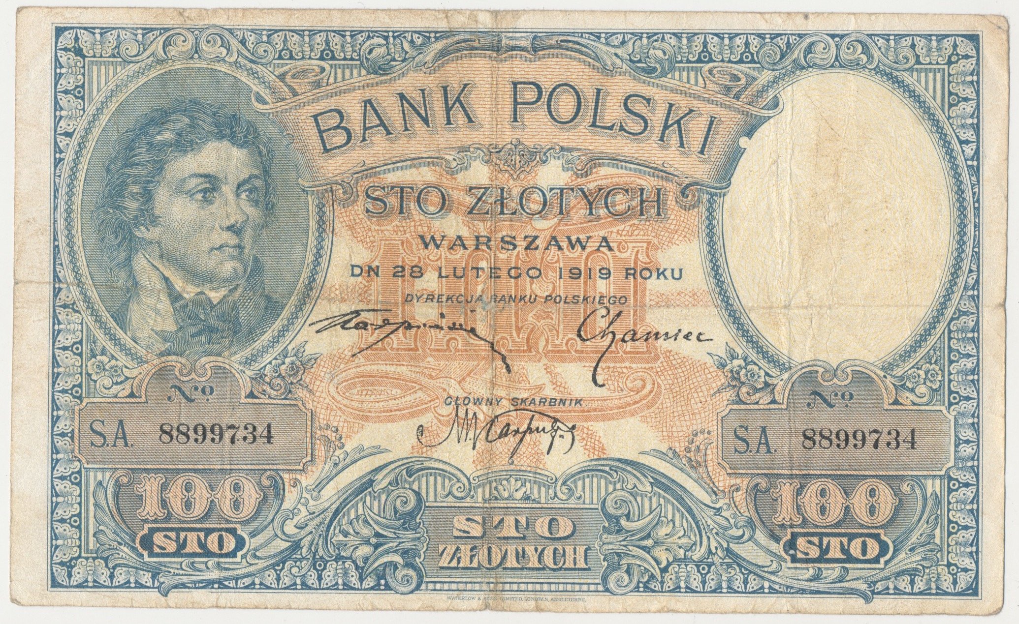 Banknot 100 złotych Banku Polskiego z popiersiem księcia Józefa Poniatowskiego, wprowadzony do obiegu w kwietniu 1924 roku