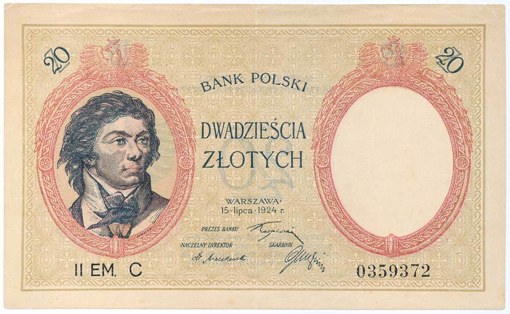 Banknot 20 złotych Banku Polskiego z datą 1924 roku z portretem Emilii Plater