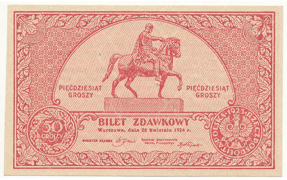 Papierowy bilet zdawkowy 50 groszy z 1924 roku wydany tymczasowo w zastępstwie monet