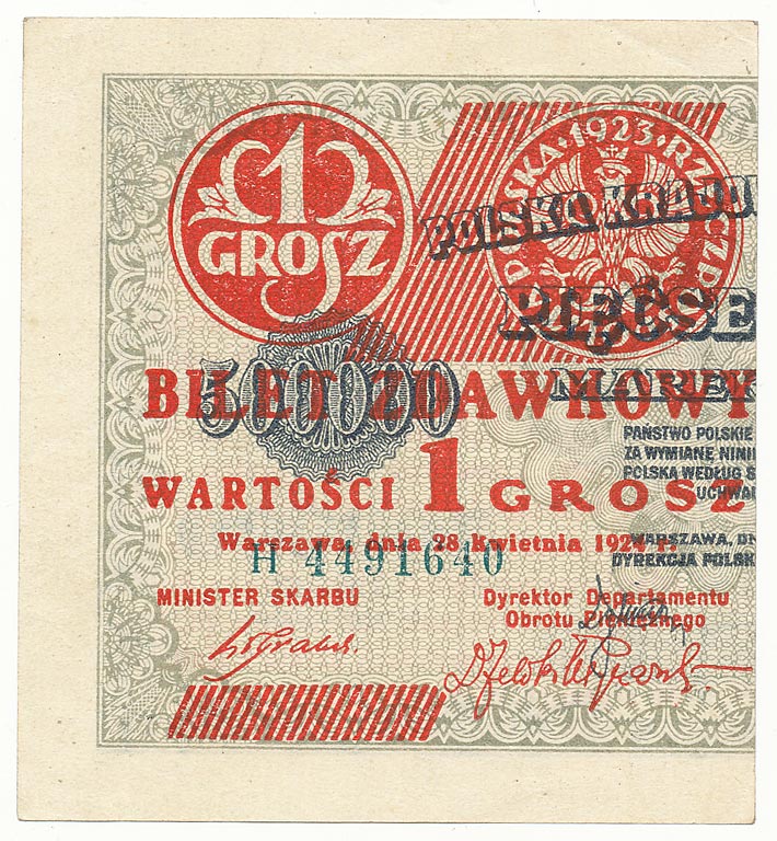 Bilet zdawkowy 1 grosz z 1924 roku – lewa połowa rozciętego banknotu 500 000 marek polskich z czerwonym nadrukiem
