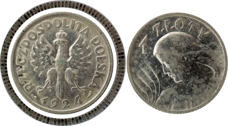 Srebrna moneta 1 złoty z 1924 roku z wizerunkiem żniwiarki na tle snopów zboża (projekt Tadeusza Breyera)