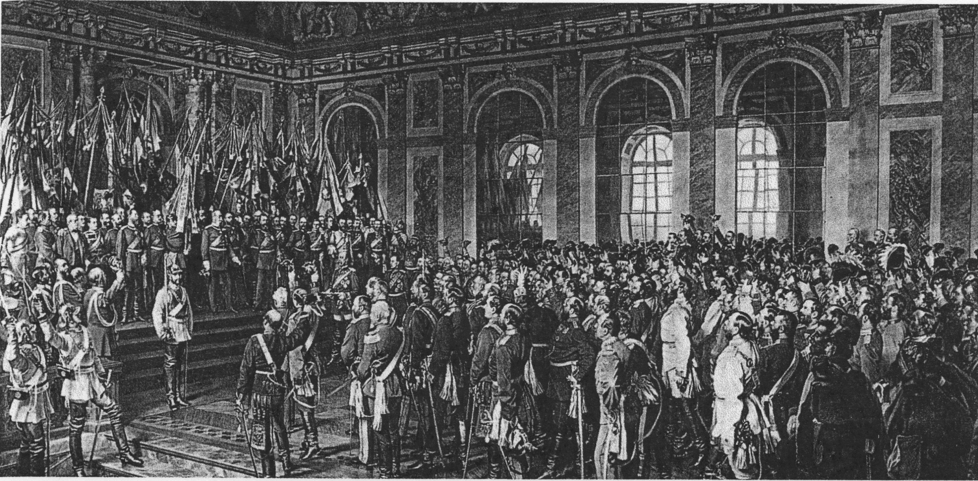 Proklamacja cesarstwa niemieckiego w Sali Lustrzanej w Wersalu na obrazie Antona von Wernera